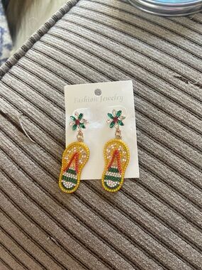 Beaded Flip-Flop Dangle Earrings with Floral Studs - Yellow, Green, Red